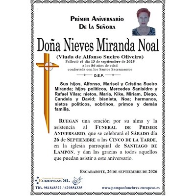 Doña Nieves Miranda Noal (26/09/2026)